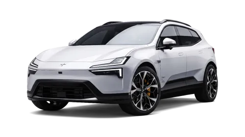 SUV eléctrico Polestar de color blanco en plano frontal lateral.