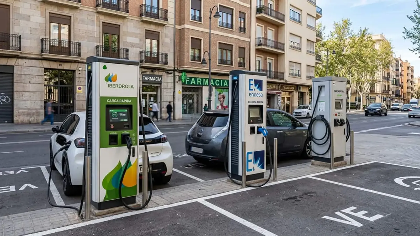 Coches eléctricos cargando en puntos de recarga rápida pública en una calle de una ciudad española